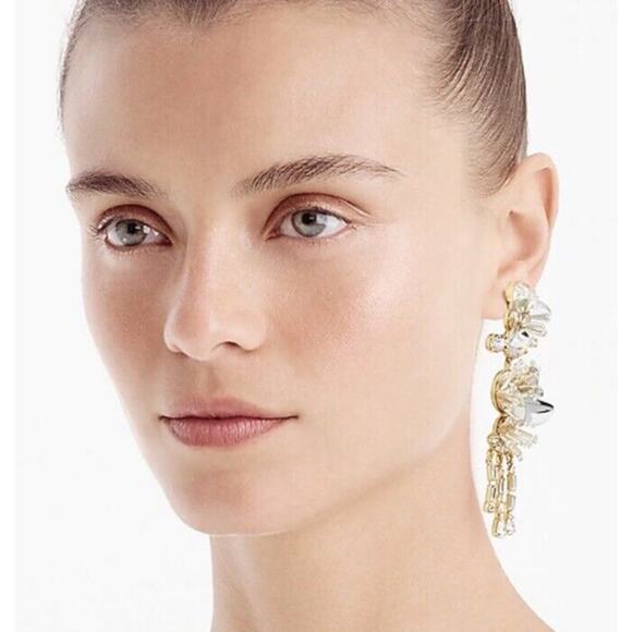 J. Crew White Crystal and Sequin Gold Tone Drop Dangle Earrings Shiny Bling New - Picture 2 of 13
